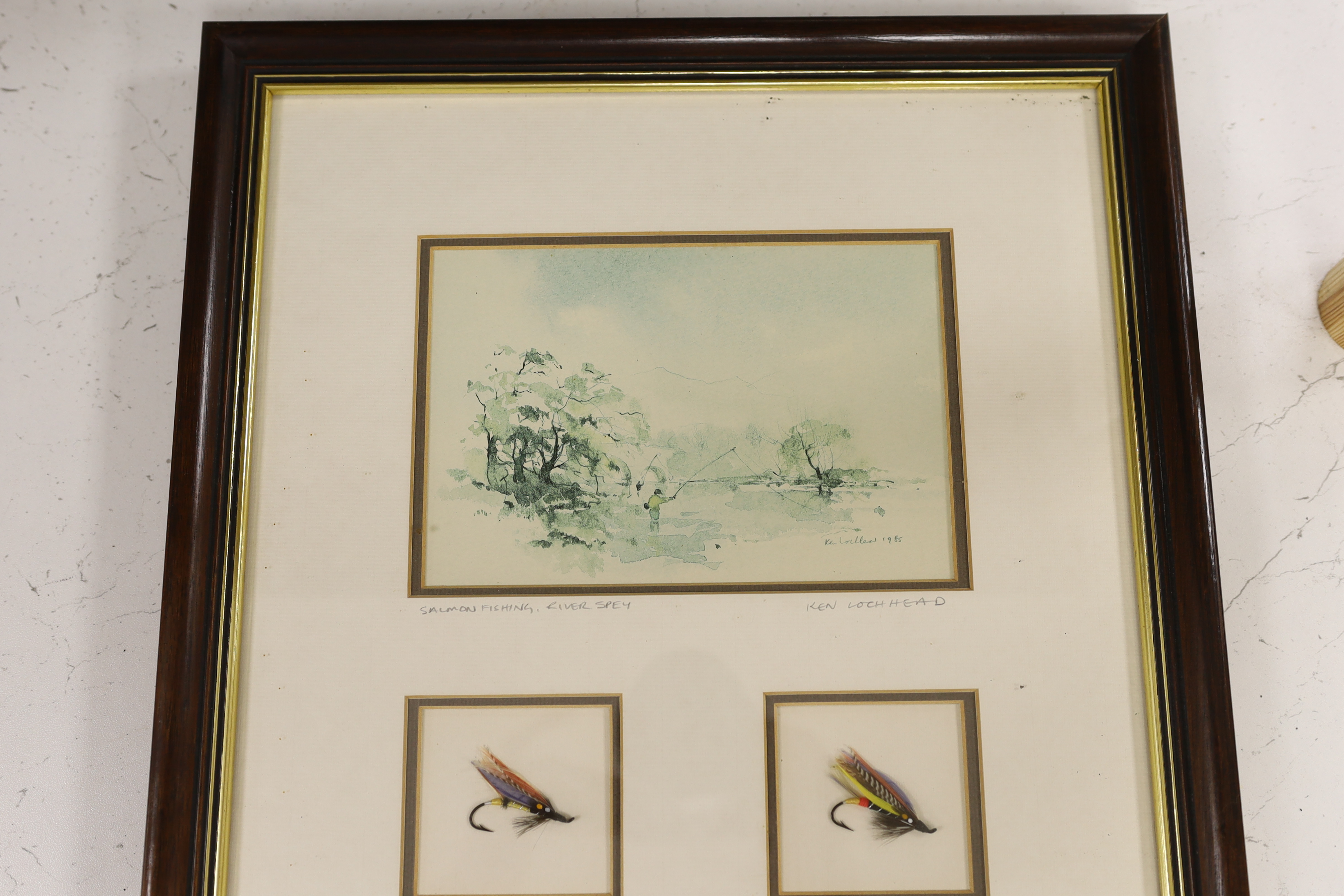 Ken Lockhead, print, Salmon Fishing, River Spey, framed with fishing flies